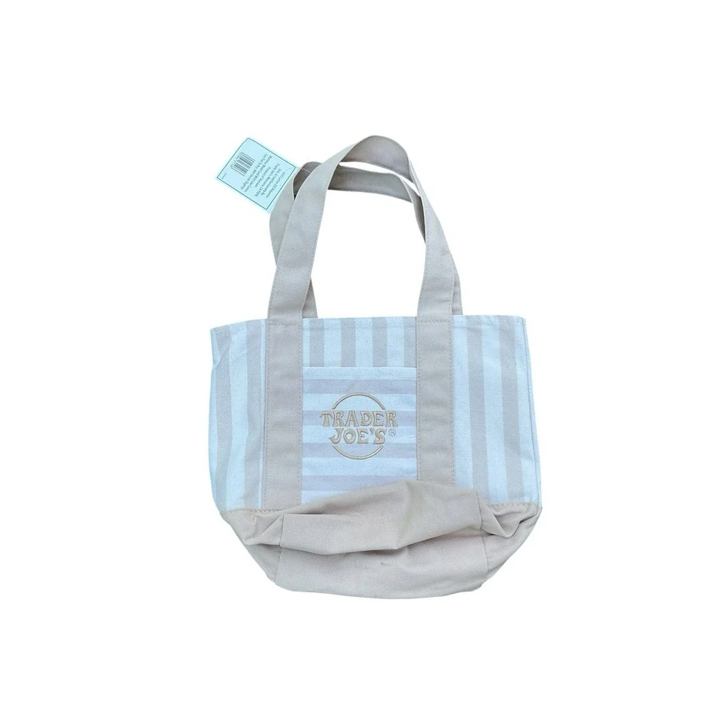 Trader Joe's MINI Canvas Reusable Bag, w/ Off White or Tan, LIGHT BROWN STRIPES